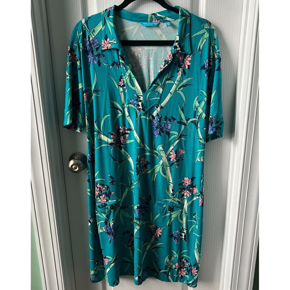 Tori Richard Womens Dress Bamboo Floral Print Short Sleeve Pockets Size XL